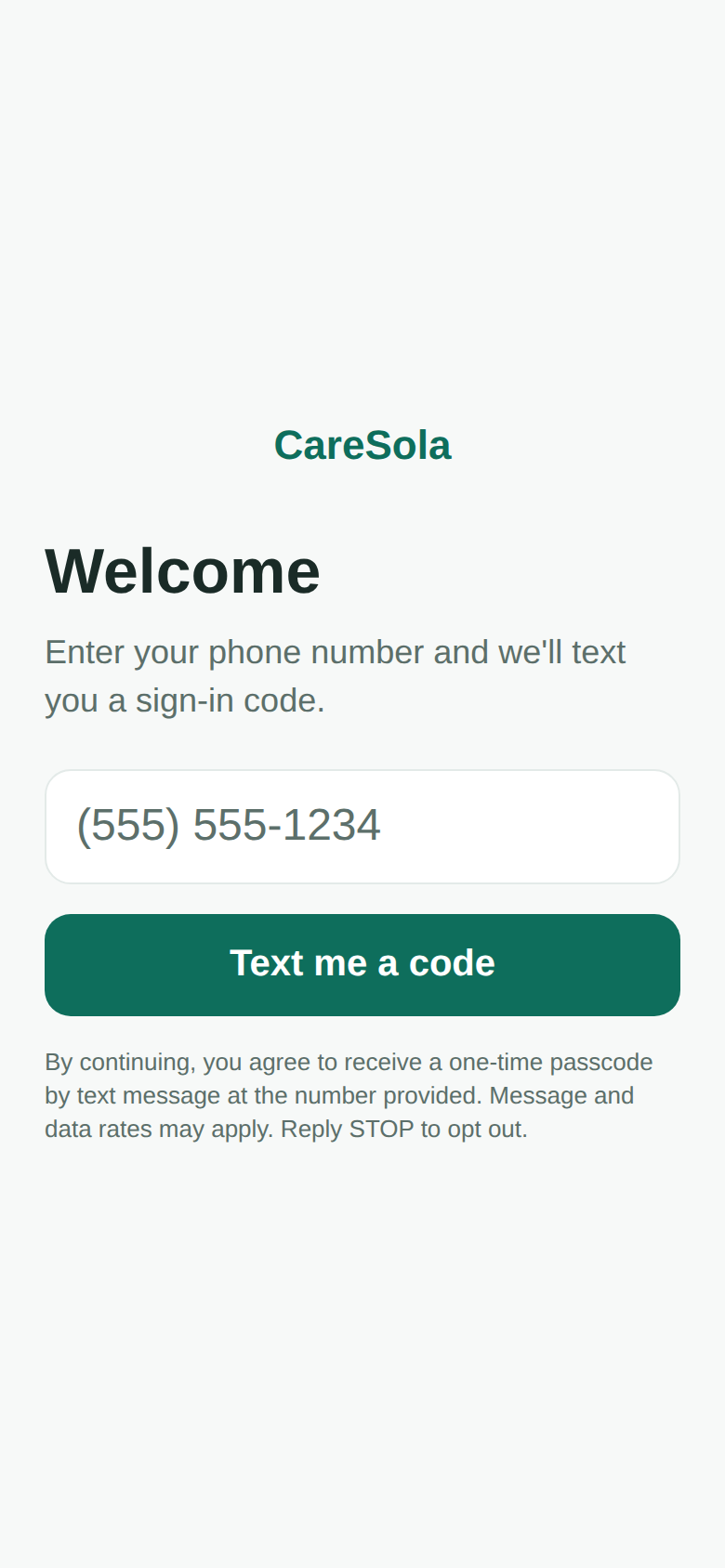 CareSola patient app sign-in screen showing SMS opt-in consent language
